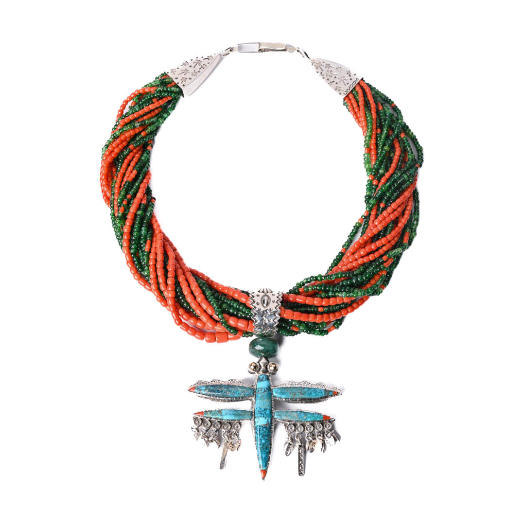 Multi-stranded Coral Necklace with Reversible Dragonfly Pendant