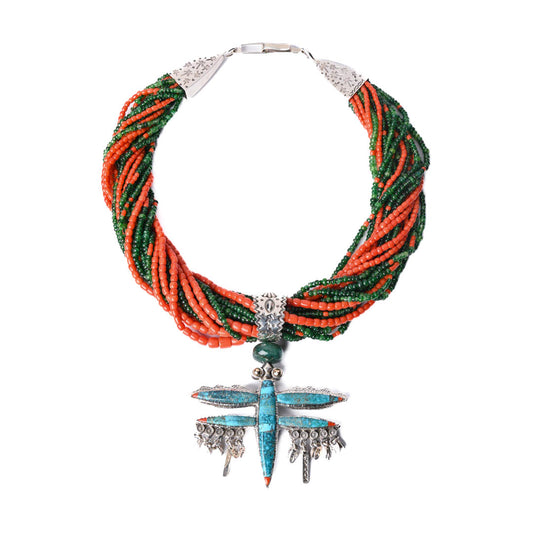 Multi-stranded Coral Necklace with Reversible Dragonfly Pendant