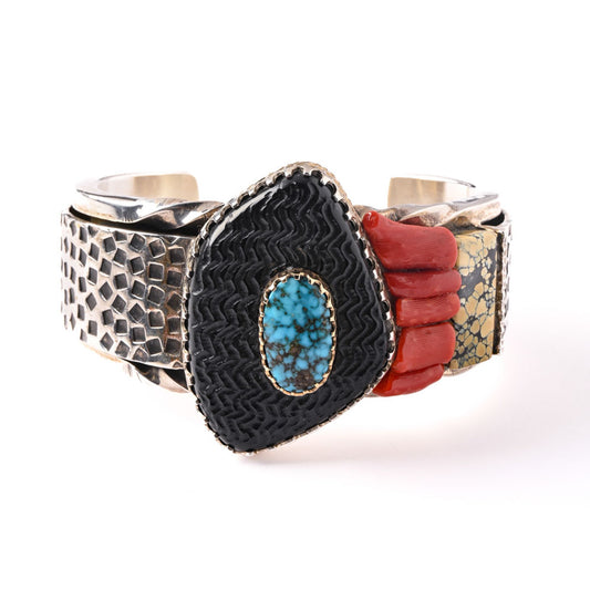 Heavy Sterling Silver Cuff With Kingman Turquoise And Gold Bezel