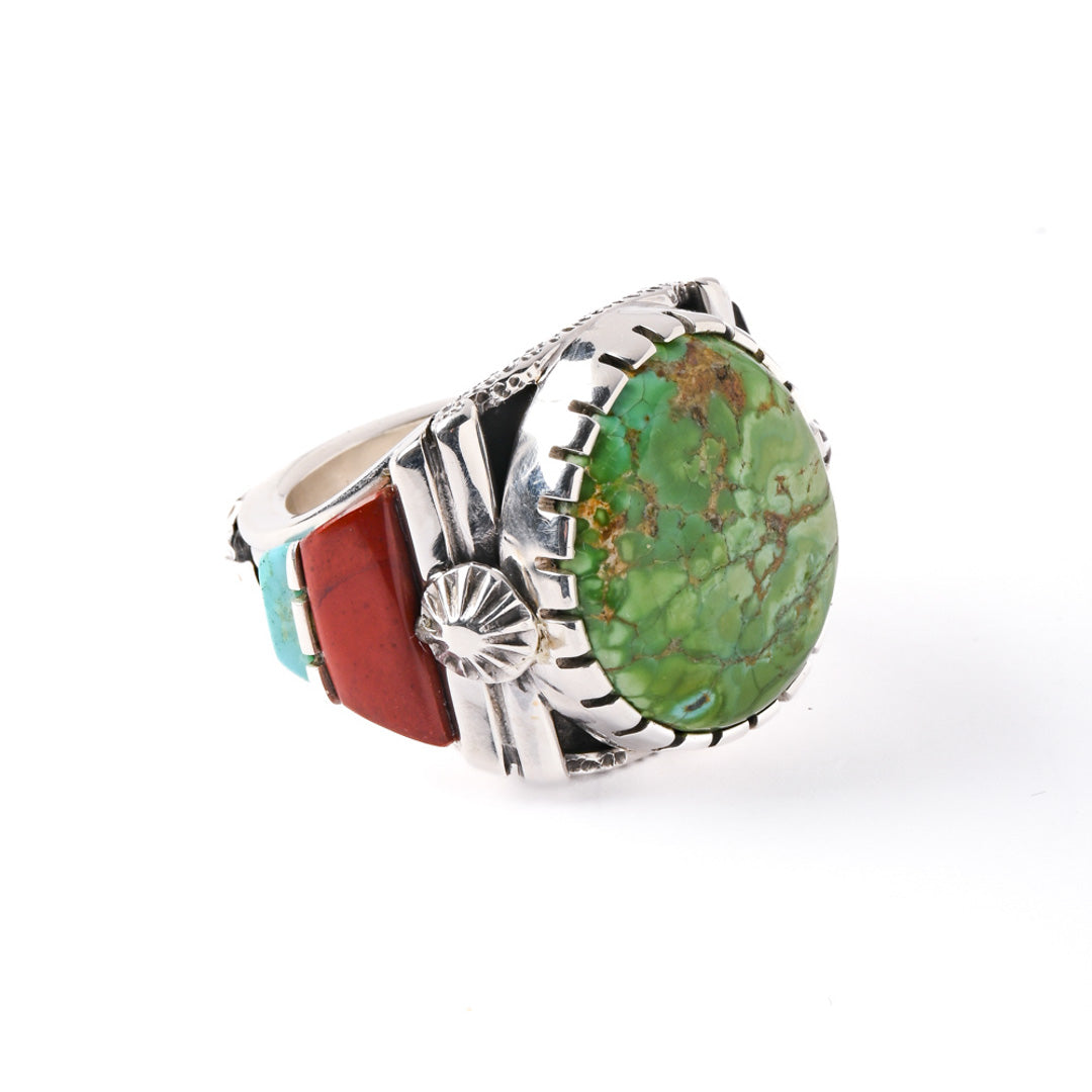 Turquoise, Coral, Jet and Fossilized Bone Ring