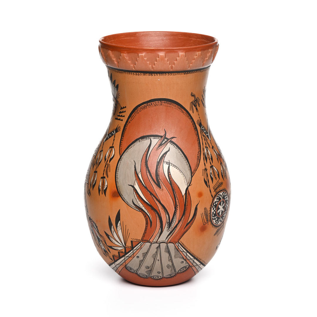 Large hand-coiled Navajo pot with elaborately painted Yei'i figures and fire