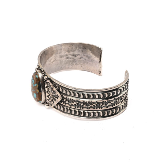 Sterling Silver, Stamped Cuff Bracelet with Turquoise stone