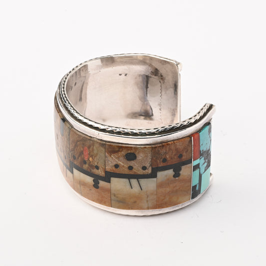 Vintage Sterling SIlver Cuff Bracelet with Pictorial Channel Inlay