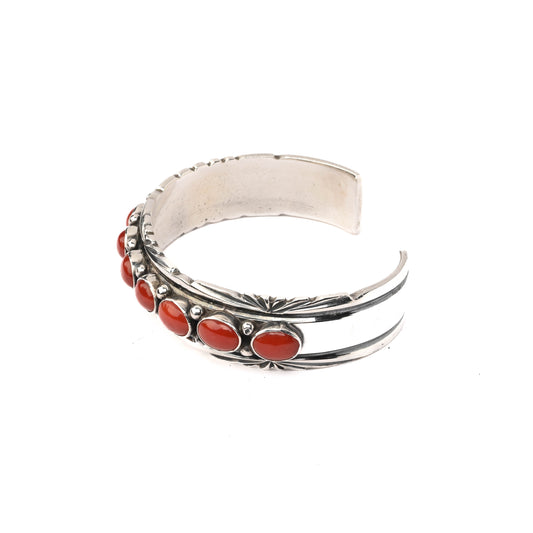 Vintage Sterling Silver Stamped Cuff Bracelet with Coral