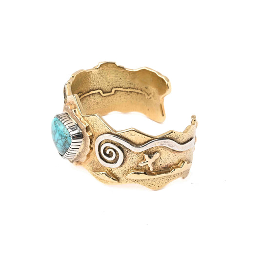 18K Gold Tufa Cast Bracelet with Lone Mountain Turquoise