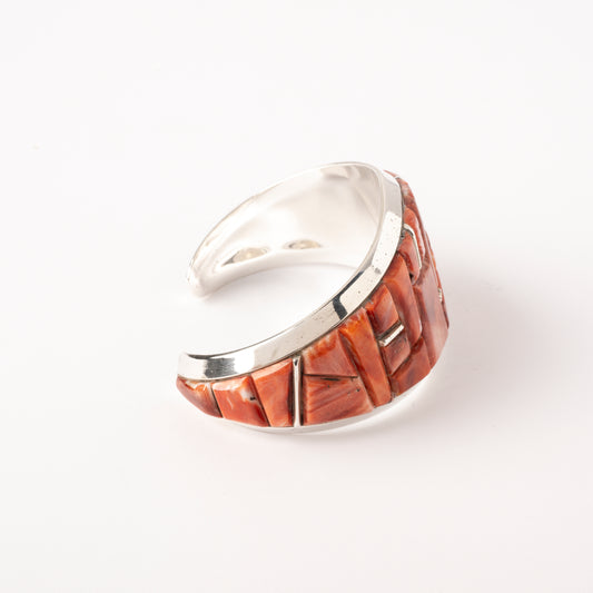Sterling Silver Cuff Bracelet with Orange Spiny Oyster Cobblestone Inlay