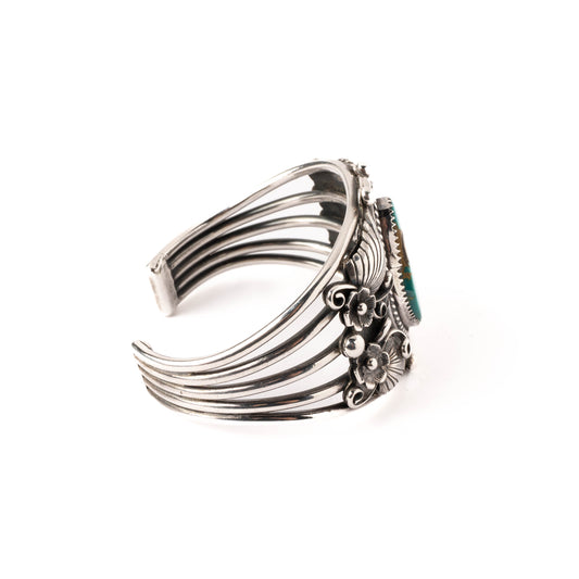 Vintage Sterling Silver Cuff Bracelet with Applique Silverwork and set with a Large Turquoise Stone and Five Square Turquoise Stones (Copy)