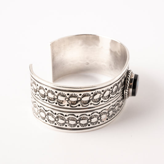 Vintage Sterling Silver Stamped Cuff Bracelet with Inlay