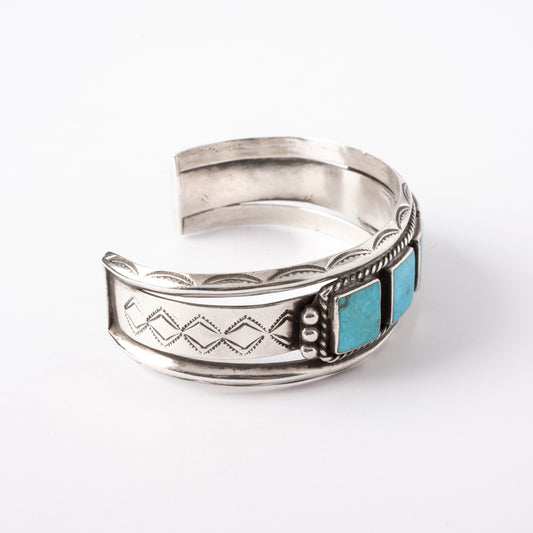Vintage Sterling Silver Cuff Bracelet with Stampwork and Five Square Turquoise Stones