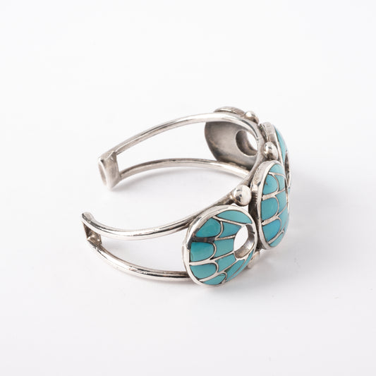 Vintage Sterling Silver, Wire Cuff Bracelet with Four Panels of Turquoise Inlay