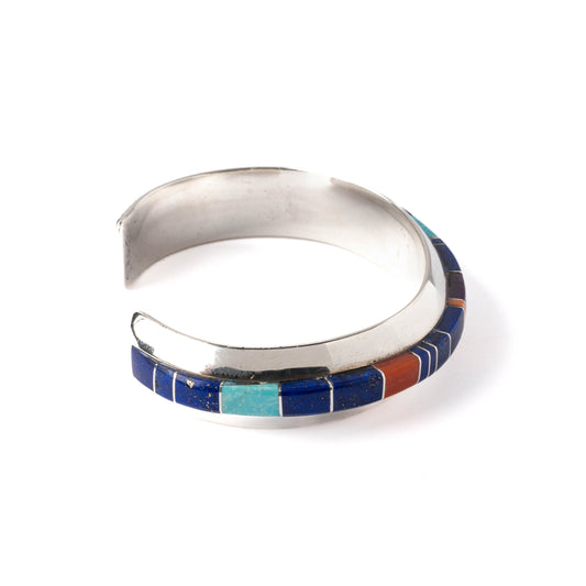 Vintage Sterling Silver Multicolor Channel Inlay Cuff Bracelet