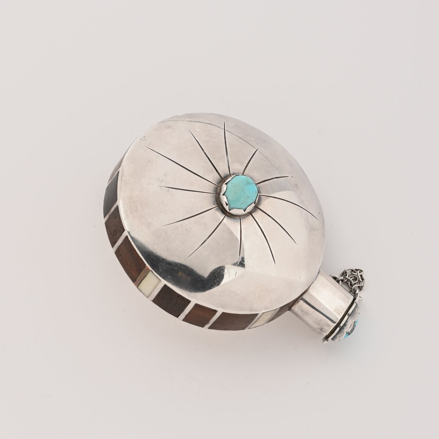 Vintage Sterling Silver Tobacco Canteen with Turquoise and Inlay
