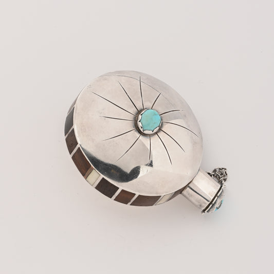 Vintage Sterling Silver Tobacco Canteen with Turquoise and Inlay