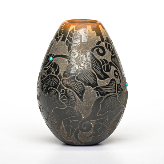 Hand-Coiled, Clay Pot with Sgraffito Hummingbirds