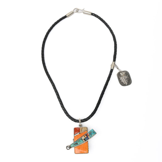 Inlaid, Reversible Comet Pendant with a Small Side Pendant, on a Leather Lanyard