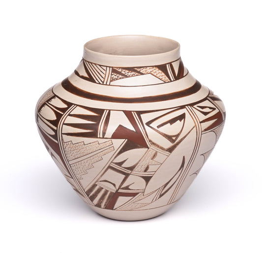 Hopi-Tewa, Hand-coiled and Hand-painted Polychrome Olla