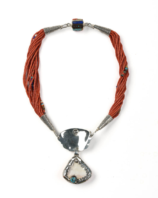 Coral Necklace with inlay and spiny oyster shell pendant