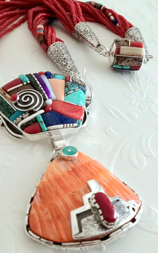 Coral Necklace with inlay and spiny oyster shell pendant