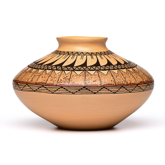 Hand-coiled pot with Feather Design