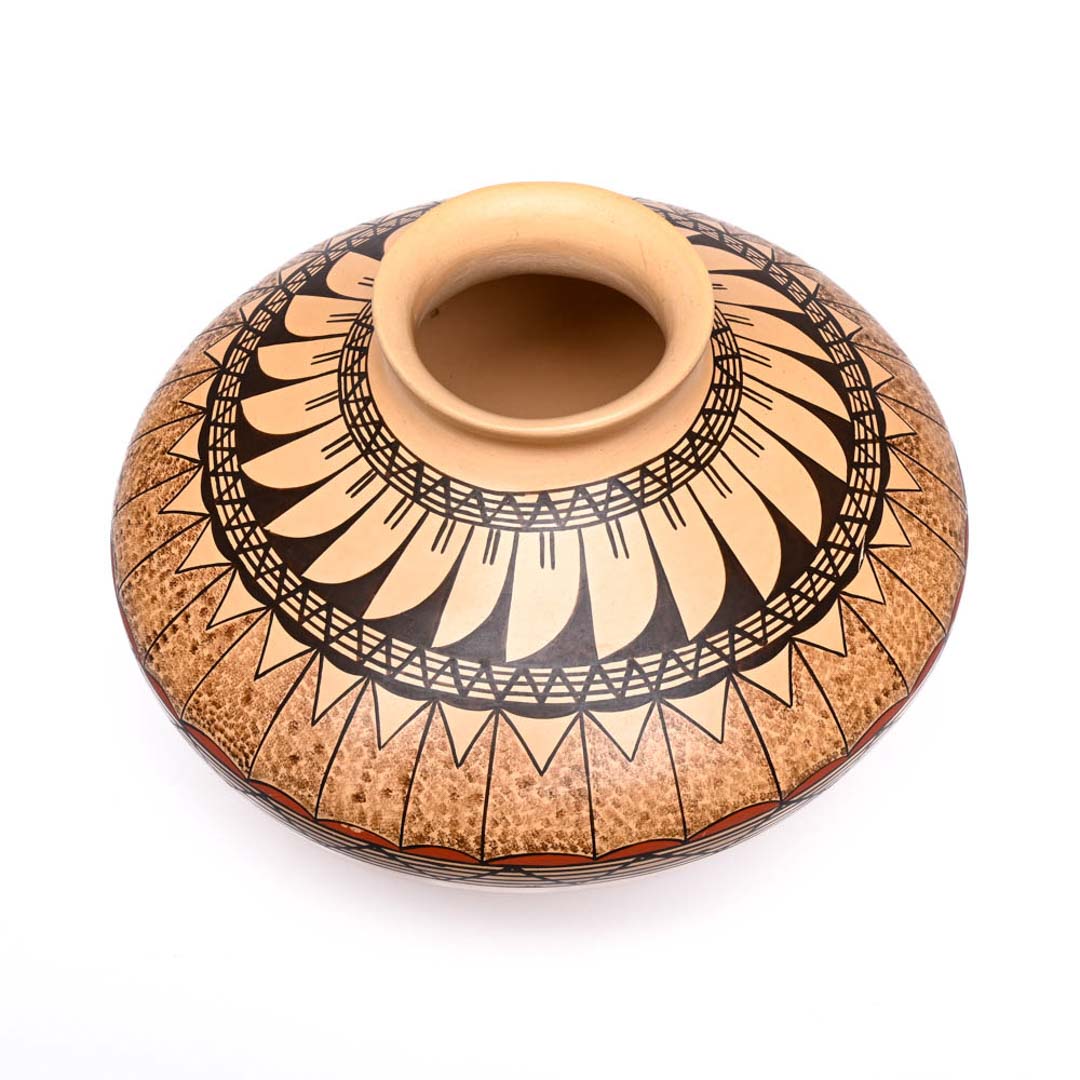 Hand-coiled pot with Feather Design