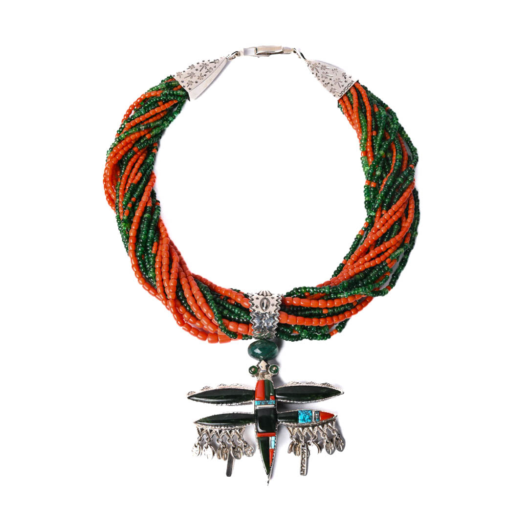 Multi-stranded Coral Necklace with Reversible Dragonfly Pendant
