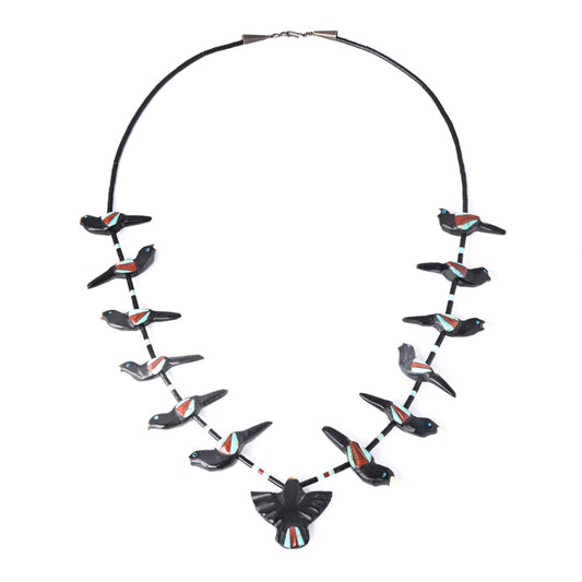 Vintage Bird Fetish Necklace In Jet, Turquoise, And Coral