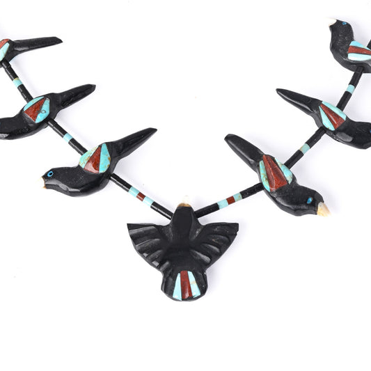 Vintage Bird Fetish Necklace In Jet, Turquoise, And Coral