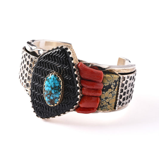 Heavy Sterling Silver Cuff With Kingman Turquoise And Gold Bezel