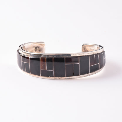 Vintage Sterling Silver Cuff Bracelet with Onyx Channel Inlay