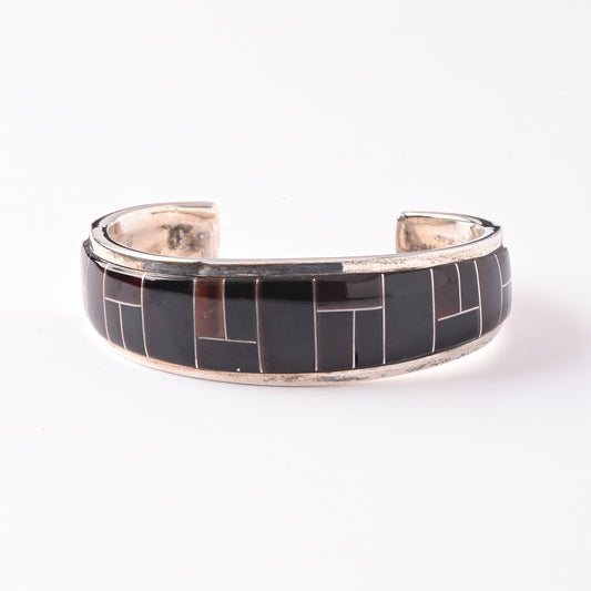 Vintage Sterling Silver Cuff Bracelet with Onyx Channel Inlay