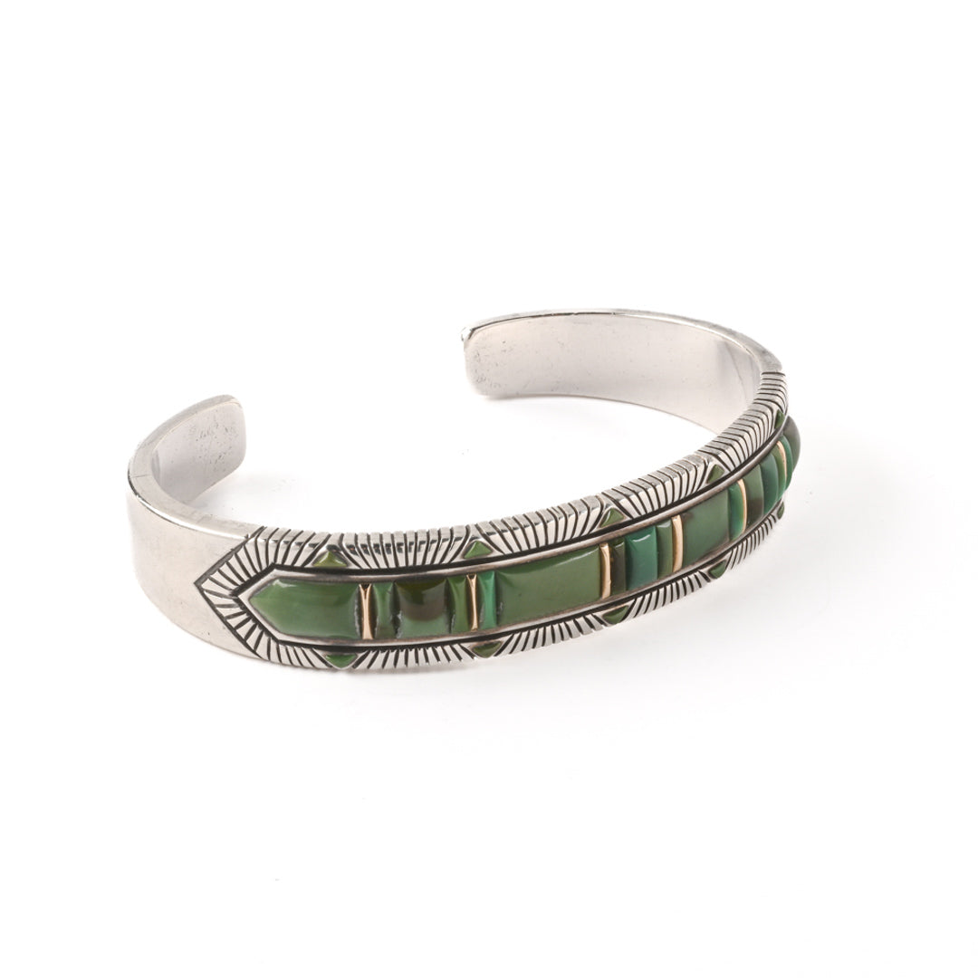 Sterling Silver Cuff With Gold Spacers And Green Turquoise Inlay