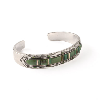 Sterling Silver Cuff With Gold Spacers And Green Turquoise Inlay
