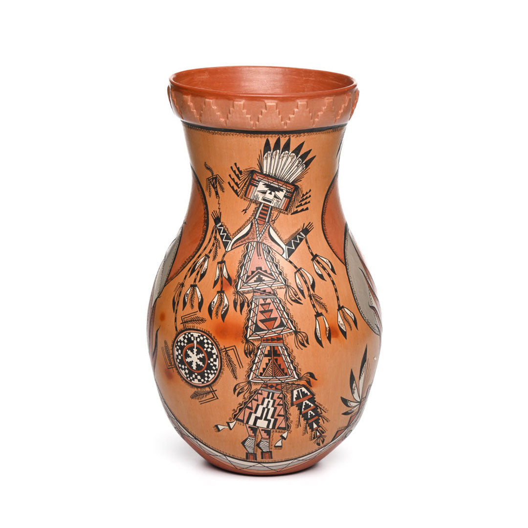 Large hand-coiled Navajo pot with elaborately painted Yei'i figures and fire