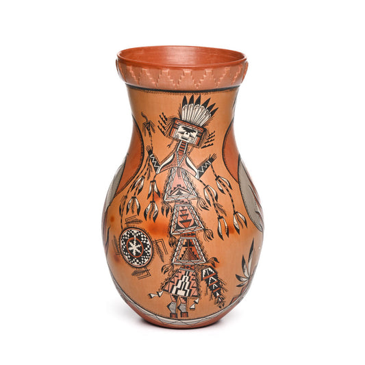 Large hand-coiled Navajo pot with elaborately painted Yei'i figures and fire