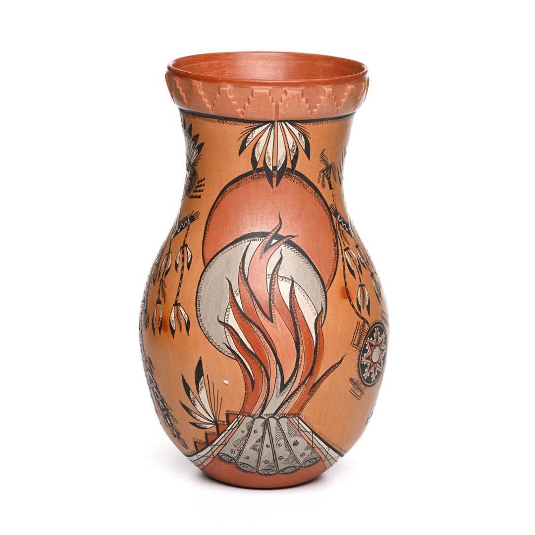 Large hand-coiled Navajo pot with elaborately painted Yei'i figures and fire