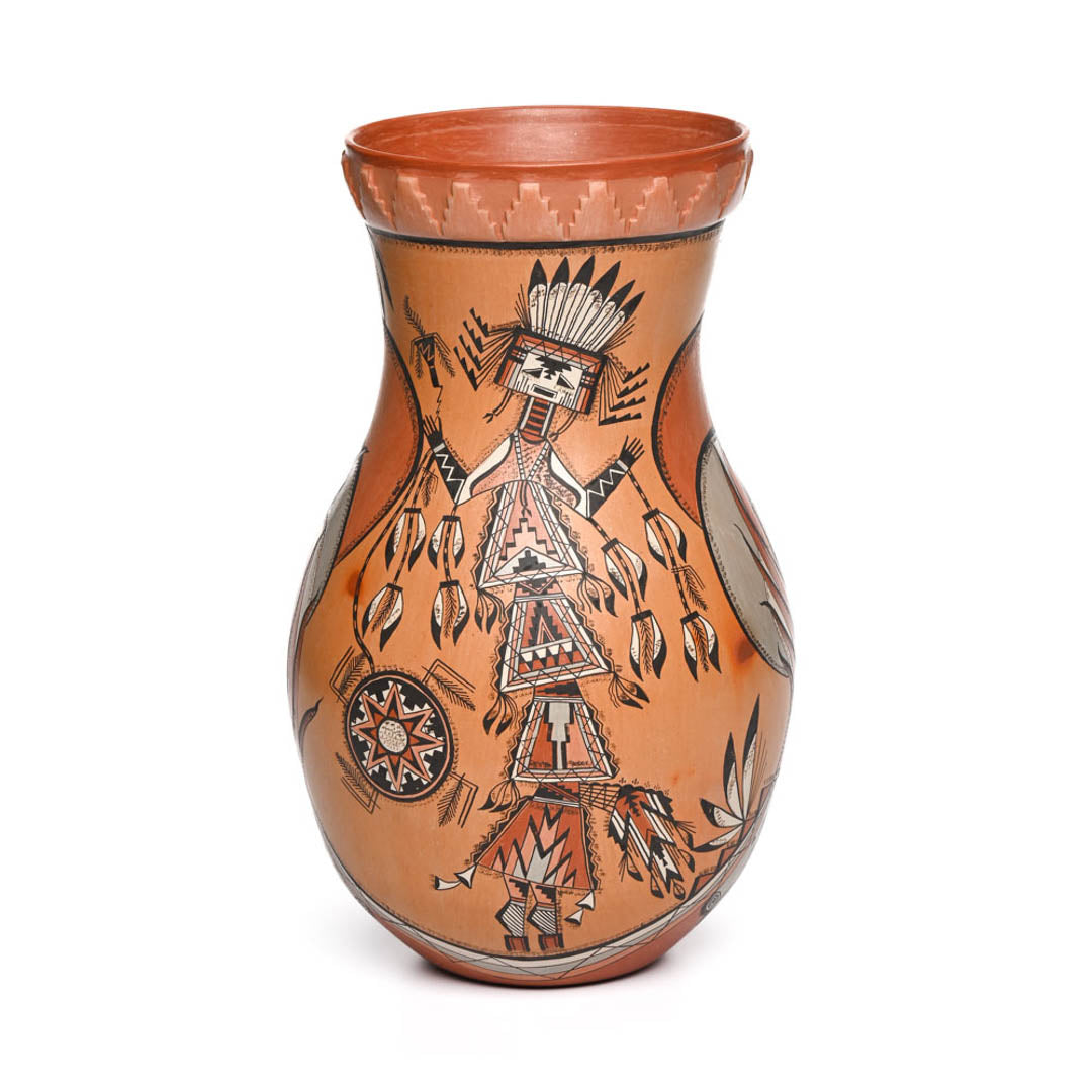 Large hand-coiled Navajo pot with elaborately painted Yei'i figures and fire
