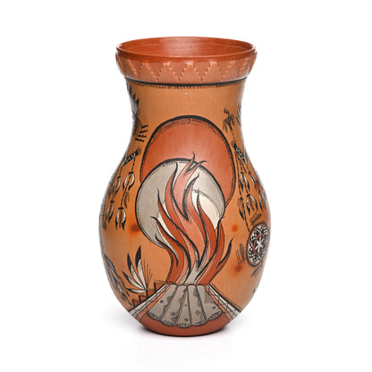 Large hand-coiled Navajo pot with elaborately painted Yei'i figures and fire