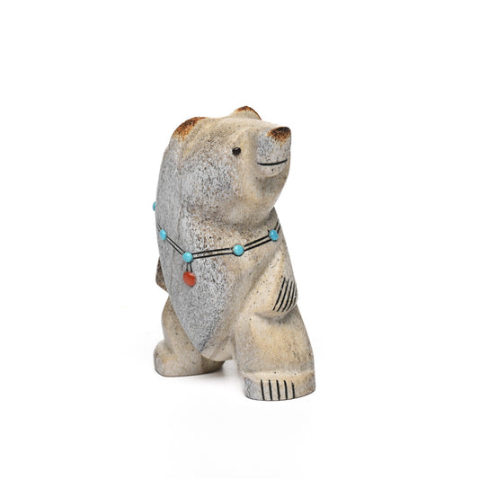 Smiling Bear Fetish In Antler With Turquoise And Coral Necklace