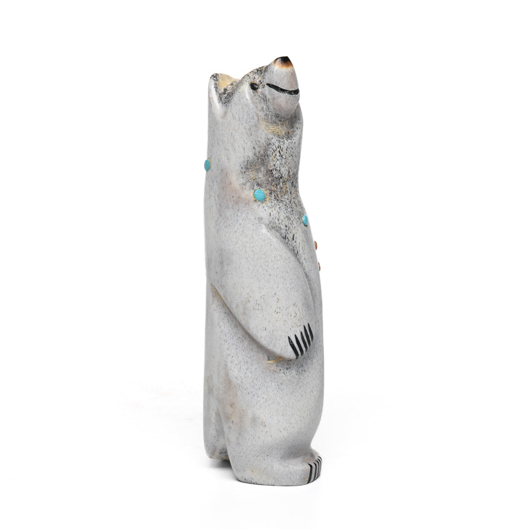 Standing Smiling Bear In Antler With Necklace