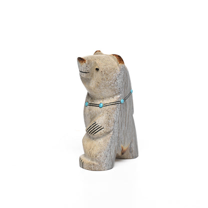 Smiling Bear Fetish In Antler With Turquoise And Coral Necklace
