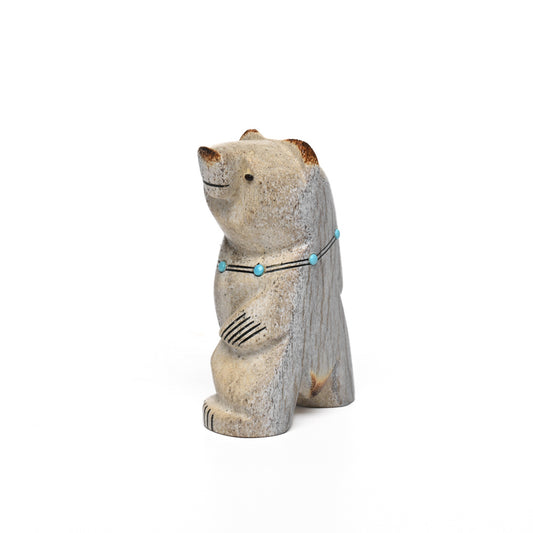 Smiling Bear Fetish In Antler With Turquoise And Coral Necklace