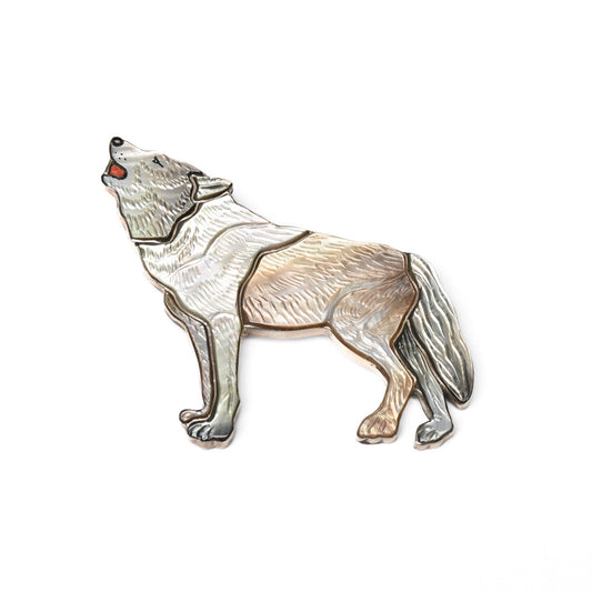 Vintage Sterling Silver Howling Wolf Pin with Mother-of-Pearl Inlay