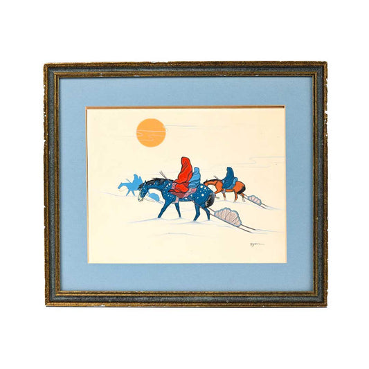 Untitled Original Gouache Painting Of Three Blanketed Figures On Horseback In The Winter