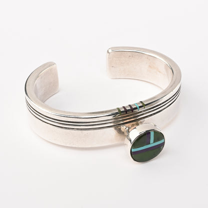 Vintage, Heavy Sterling Silver Cuff Bracelet with a Raised Circular Panel of Inlay