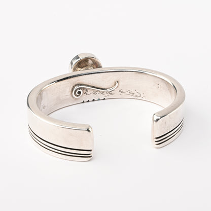 Vintage, Heavy Sterling Silver Cuff Bracelet with a Raised Circular Panel of Inlay