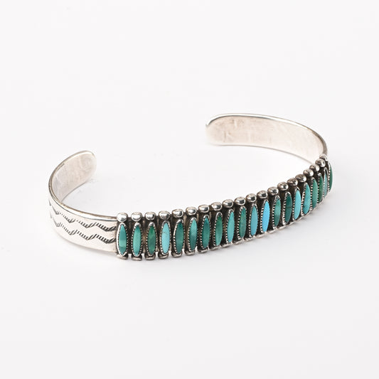 Vintage Sterling Silver, Stamped Cuff Bracelet with Needlepoint Turquoise
