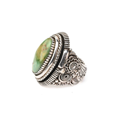 Sterling Silver Ring with Turquoise and Decorative Appliqué