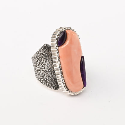 Sterling Silver Ring made with Sugulite and Pink Coral