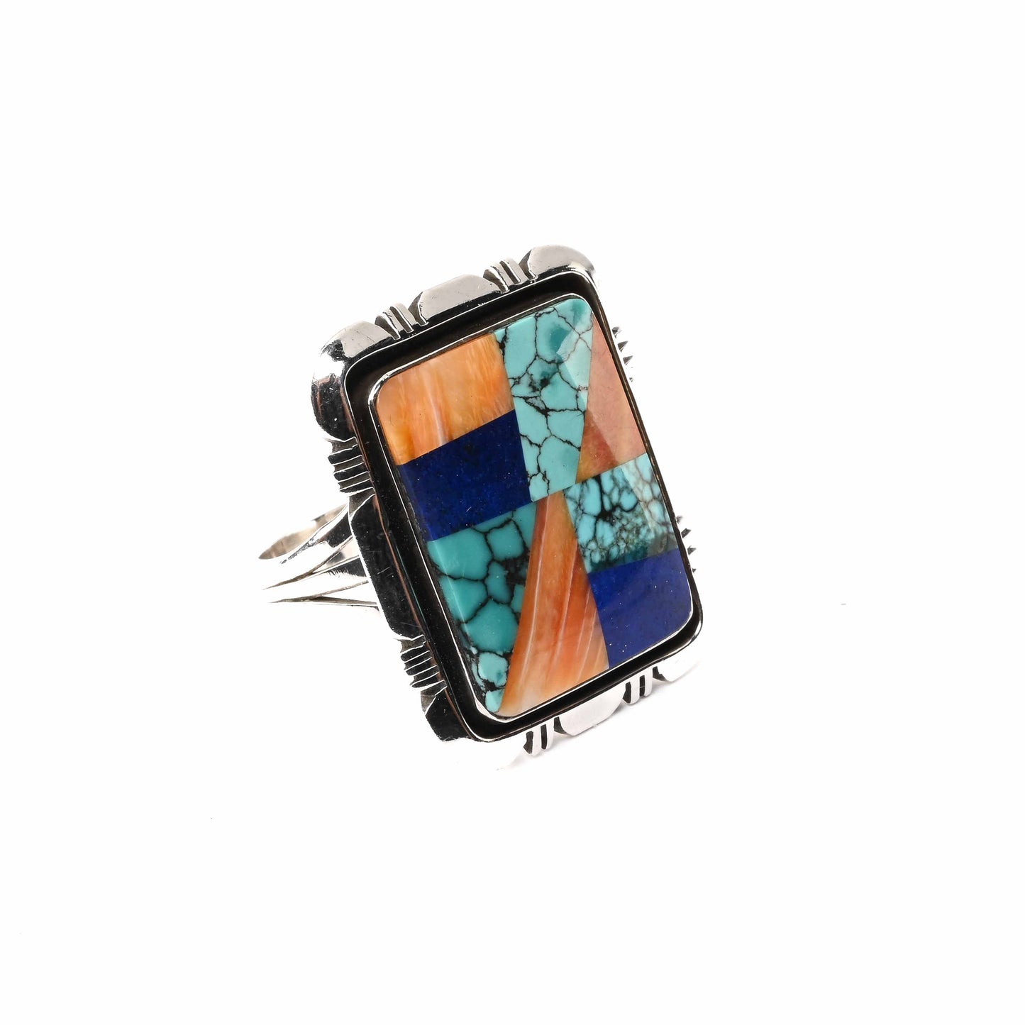Sterling Silver Mosaic Inlay Ring (Turquoise, Spiny Oyster, Lapis)
