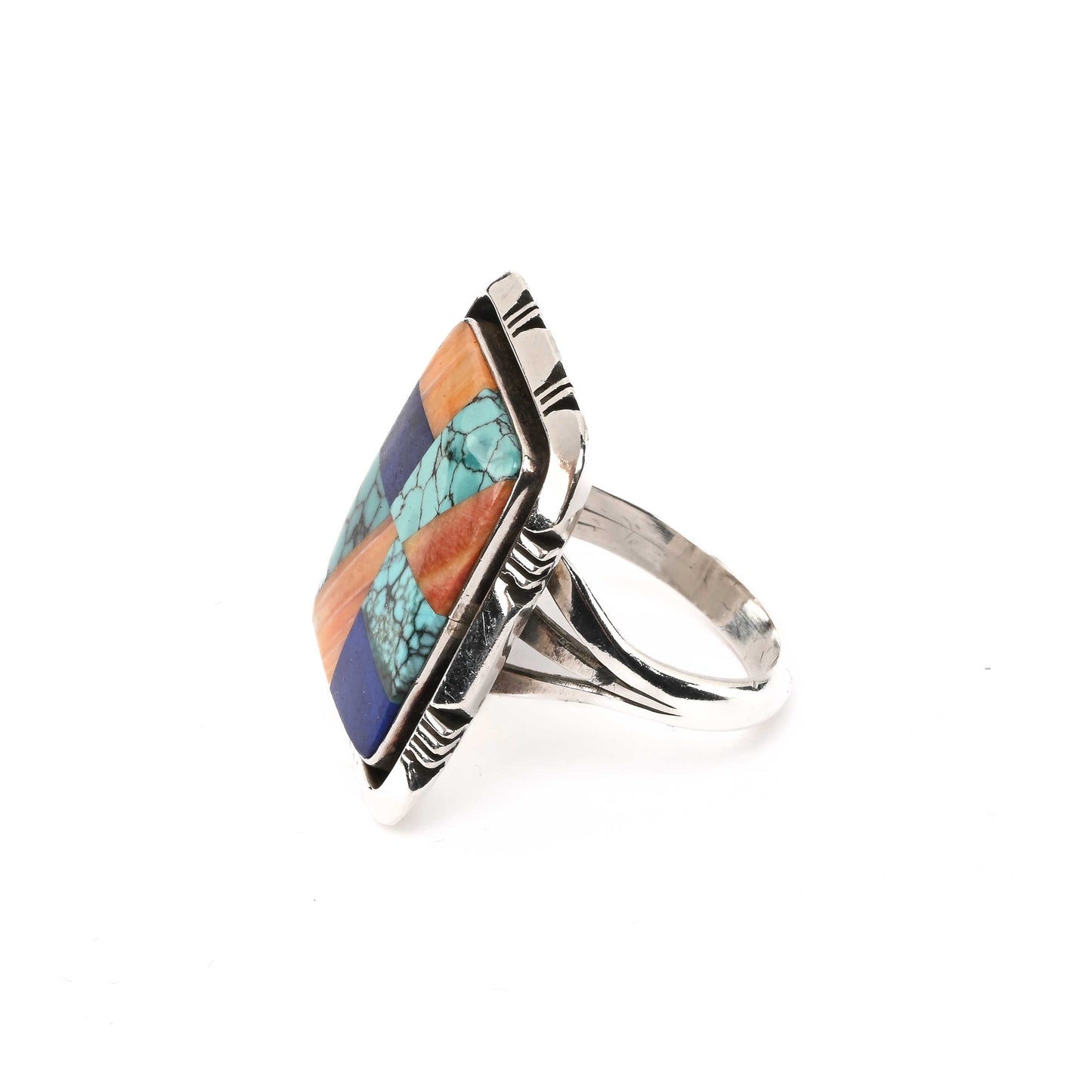 Sterling Silver Mosaic Inlay Ring (Turquoise, Spiny Oyster, Lapis)